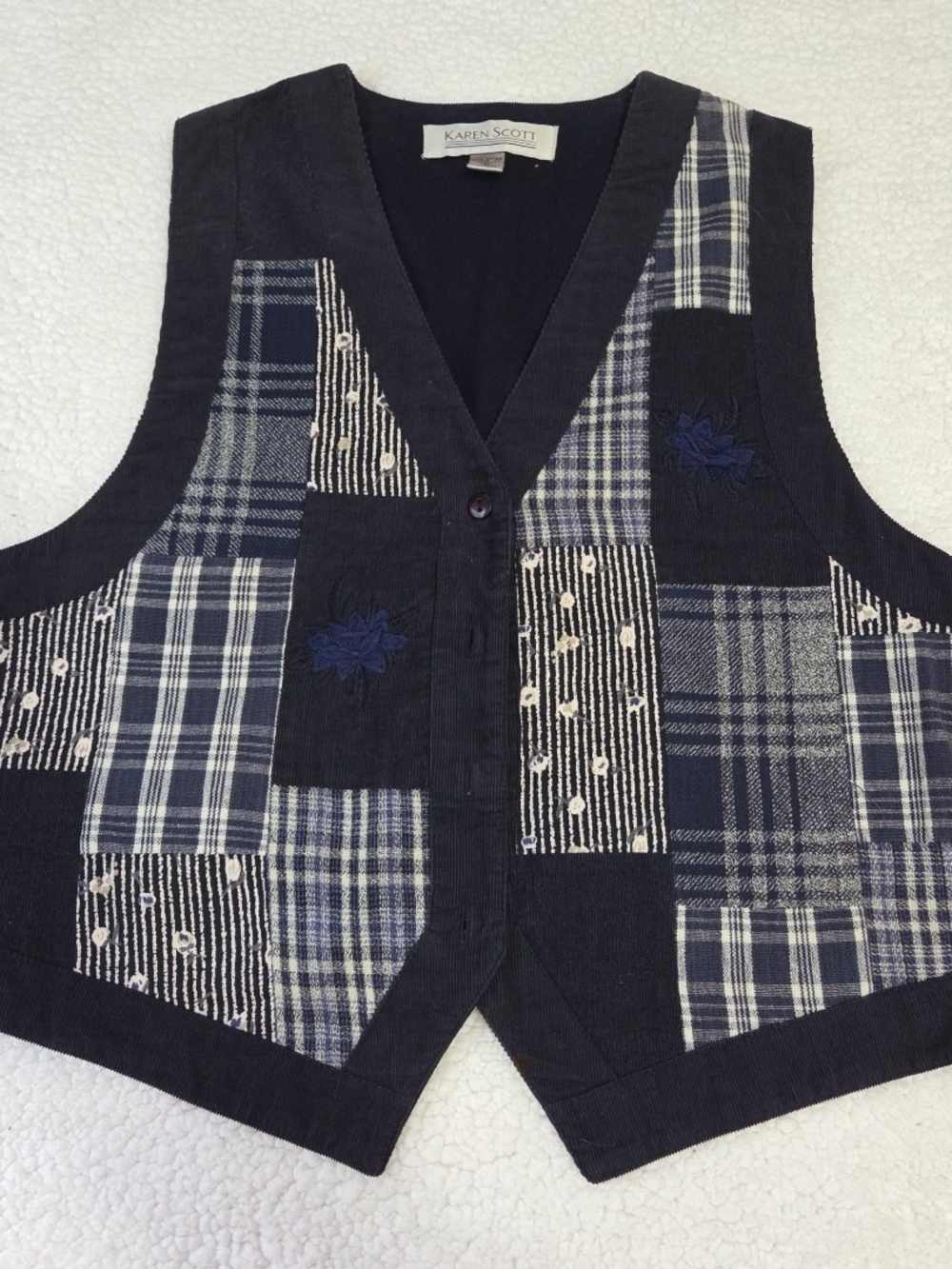 Vintage Patchwork Vest Corduroy Embroidered Rose Blue White Karen Scott